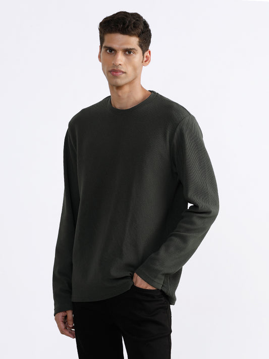 Ascot Textured Olive Cotton Blend Relaxed-Fit T-Shirt