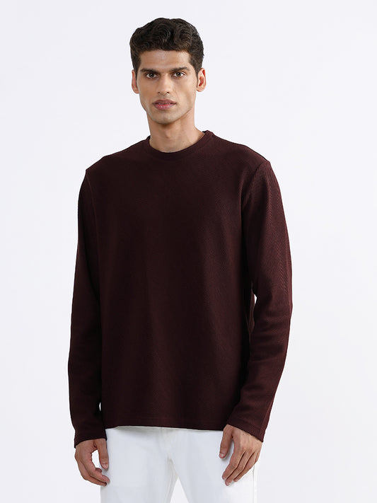 Ascot Textured Wine-Colored Cotton Blend Relaxed Fit T-Shirt