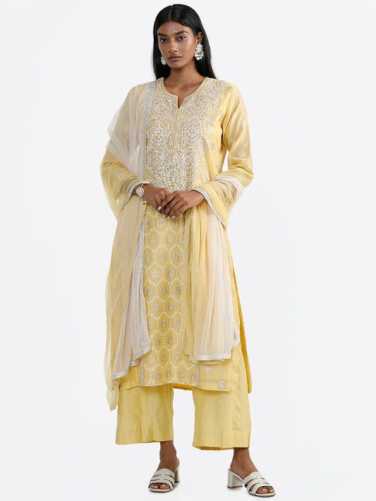 Vark Floral Embroidered Yellow Kurta, Palazzos & Dupatta