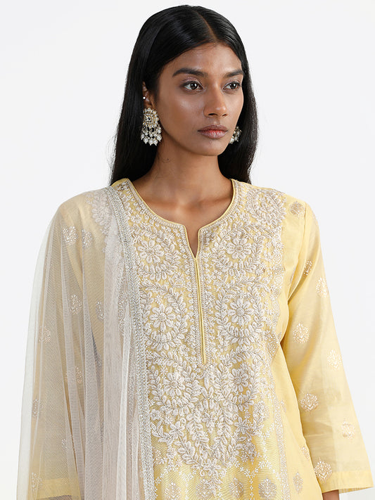 Vark Floral Embroidered Yellow Kurta, Palazzos & Dupatta