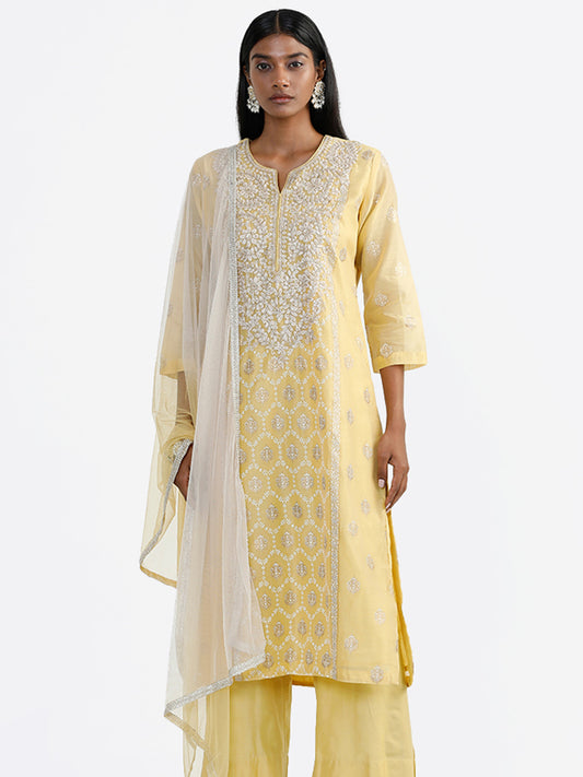 Vark Floral Embroidered Yellow Kurta, Palazzos & Dupatta