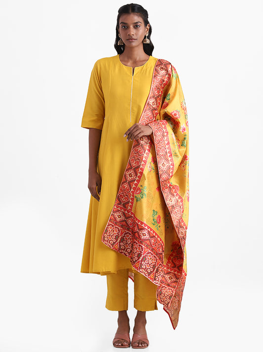 Vark Mustard Solid Anarkali Kurta, Pants, Dupatta Set
