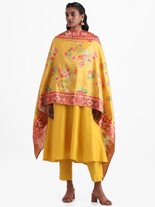 Vark Mustard Solid Anarkali Kurta, Pants, Dupatta Set