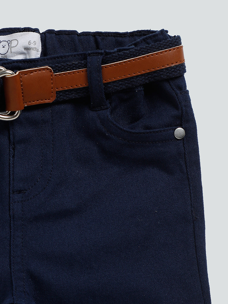 HOP Baby Solid Navy Blue Denim Jeans with Belt