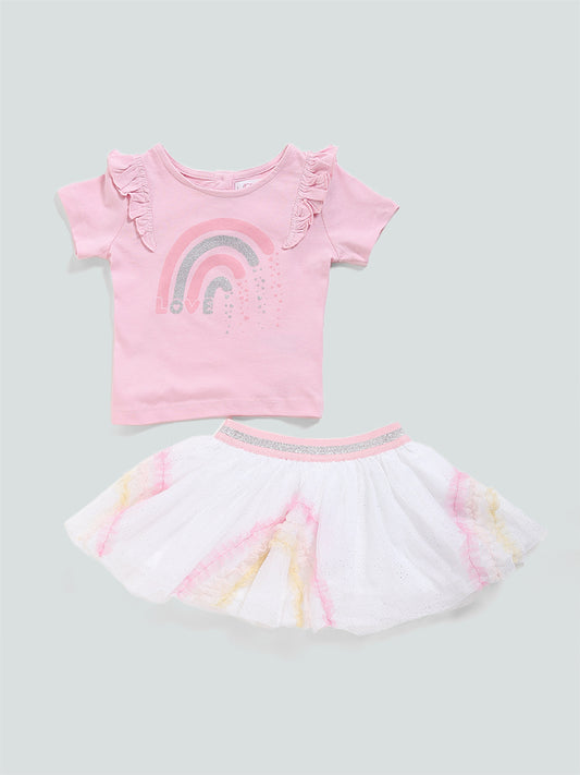 HOP Baby Pink Rainbow Embroidered Top and Skirt Set