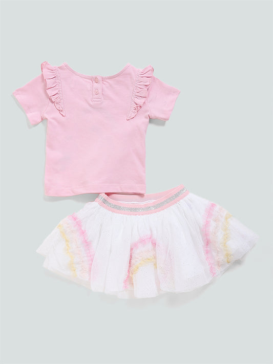 HOP Baby Pink Rainbow Embroidered Top and Skirt Set