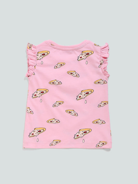 HOP Kids Pizza Printed Pink T-Shirt
