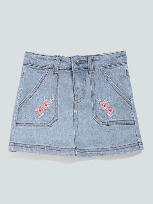HOP Kids Embroidered Pocket Light Blue Denim Skirt