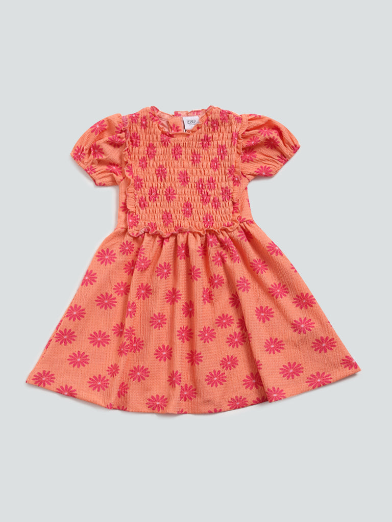 HOP Kids Peach Floral Printed Dress