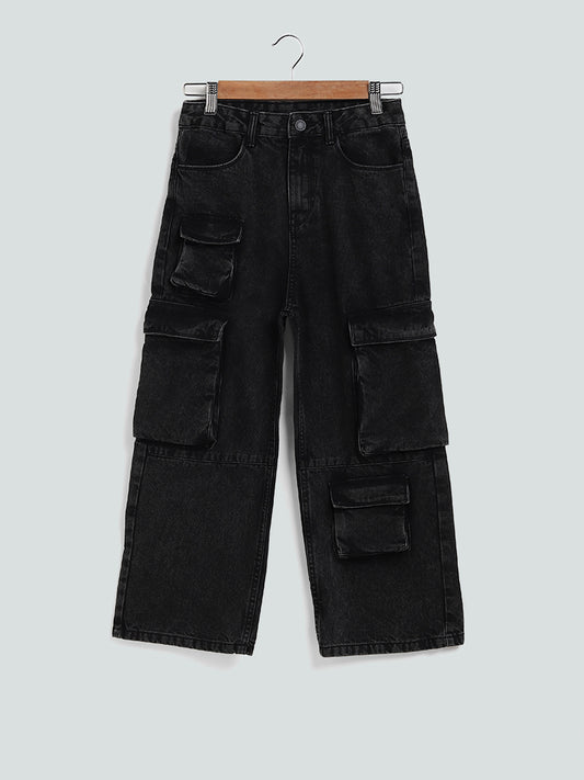Y&F Kids Black Relaxed - Fit High - Rise Cargo Jeans