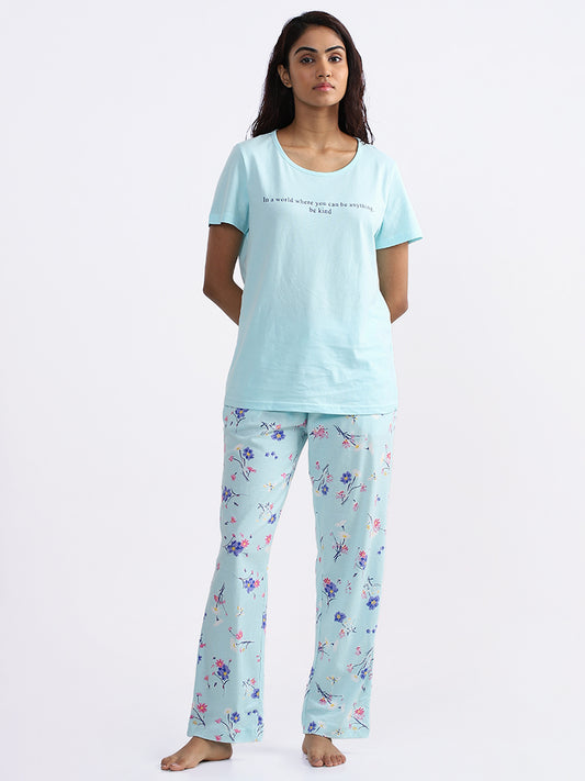 Wunderlove Sleepwear Aqua-Blue Floral Printed Pajamas