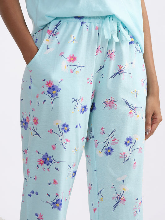 Wunderlove Sleepwear Aqua-Blue Floral Printed Pajamas