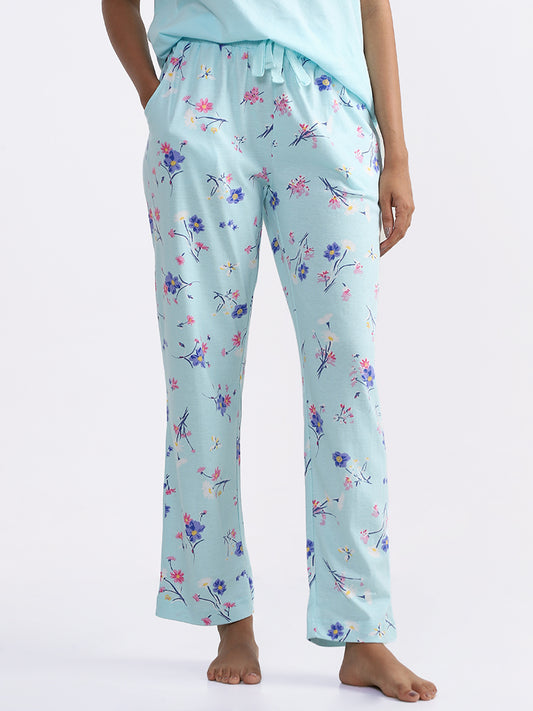 Wunderlove Sleepwear Aqua-Blue Floral Printed Pajamas