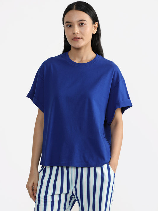 Wunderlove Sleepwear Solid Cobalt Blue Relaxed Fit T-Shirt