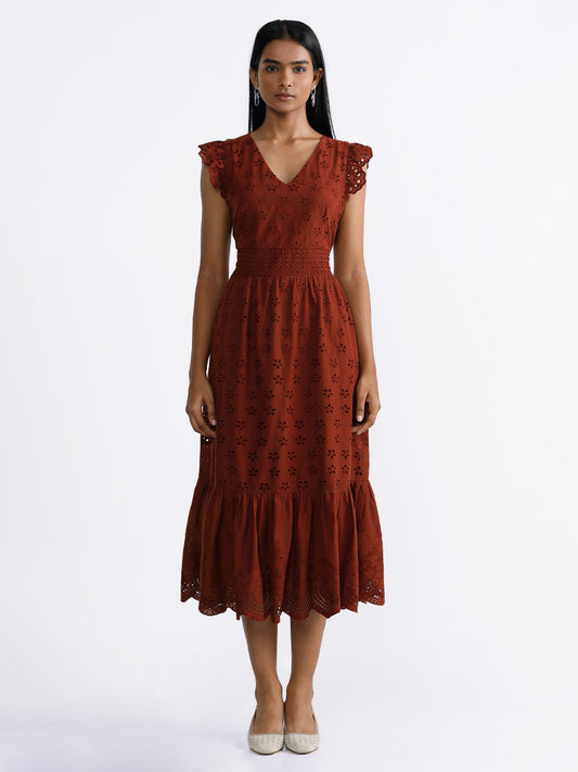 LOV Solid Rust Brown A-Line Dress