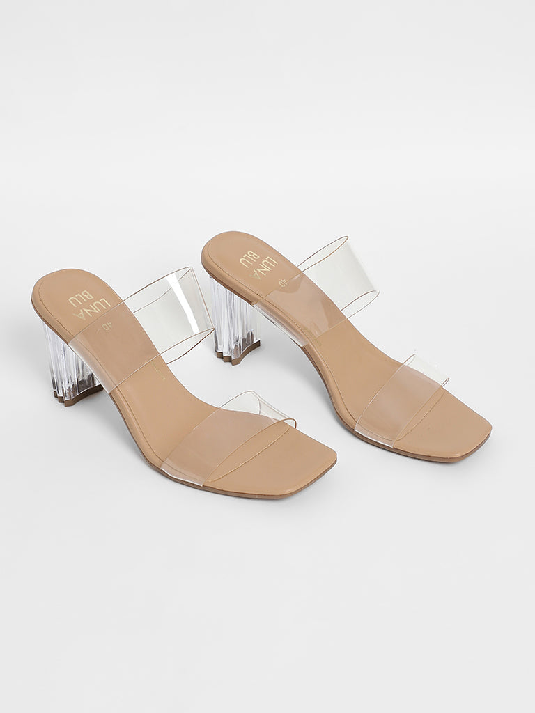Westside LUNA BLU Women's  Double Band Vinyl Beige Heels Sandals for Casual Wear Front View