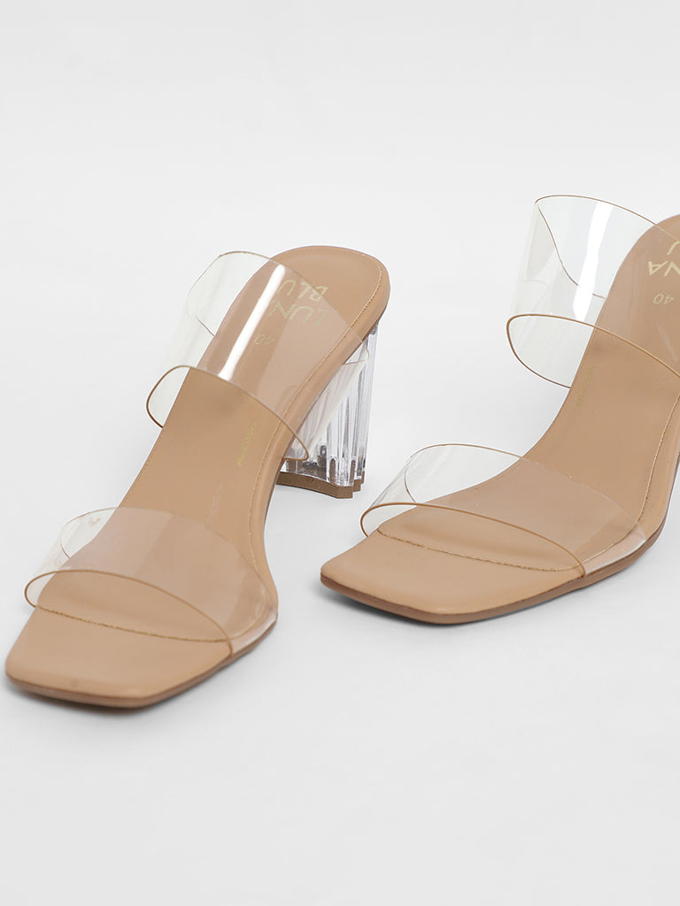 Westside LUNA BLU Women's  Double Band Vinyl Beige Heels Sandals for Casual Wear Zoomed View