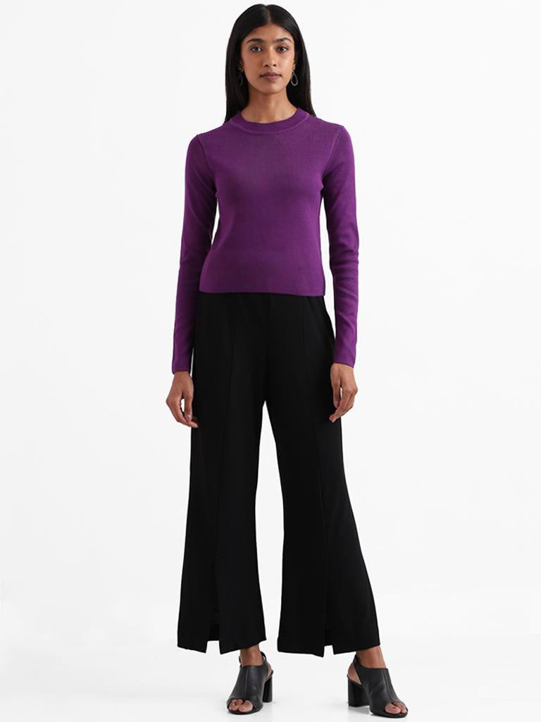 Wardrobe Solid Purple Ribbed Neck Top