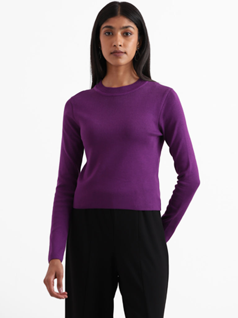 Wardrobe Solid Purple Ribbed Neck Top