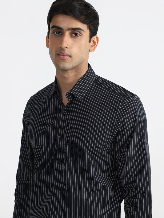 WES Formals Black Striped Slim Fit Shirt