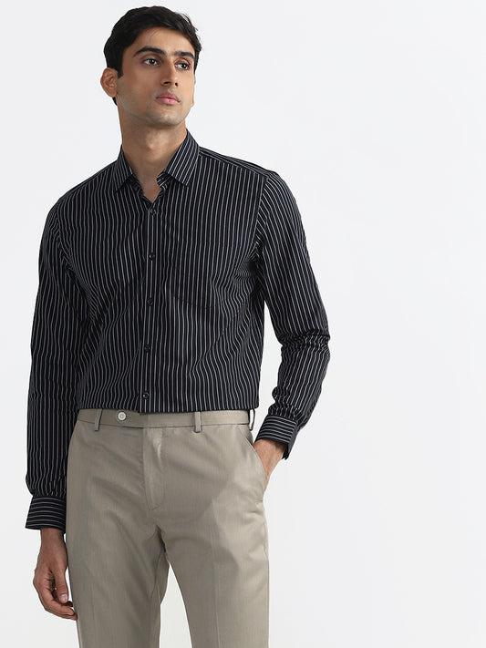 WES Formals Black Striped Slim Fit Shirt
