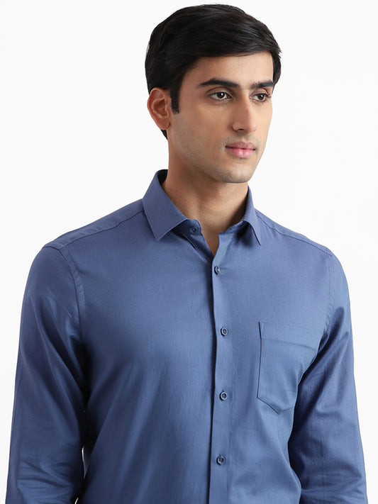 WES Formals Solid Blue Slim Fit Shirt