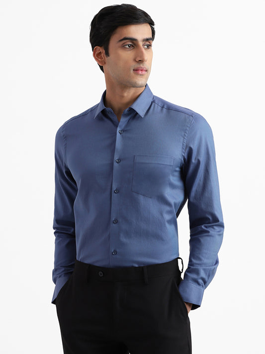 WES Formals Solid Blue Slim Fit Shirt