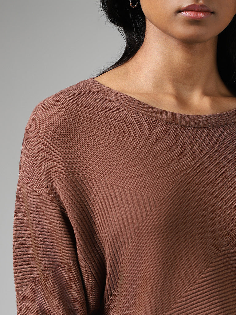LOV Brown Crisscross Striped Sweater