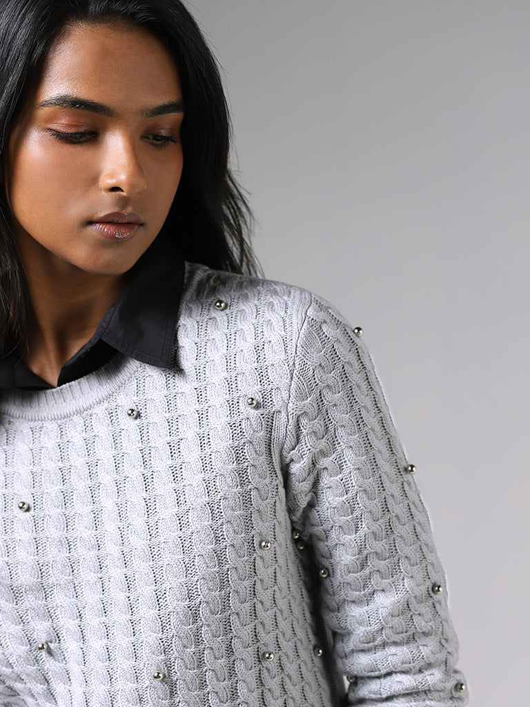 LOV Grey Embellished Textured Sweater – Westside