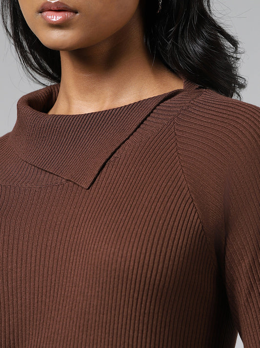LOV Chocolate Brown Asymmetrical Flap Collar Sweater