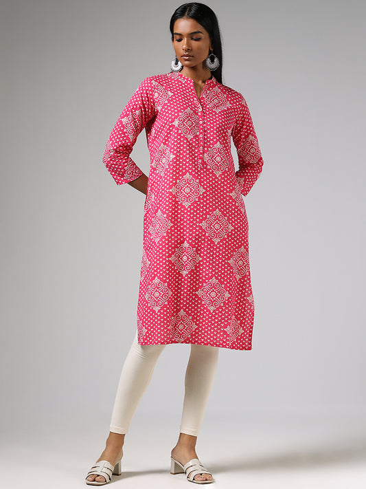 Utsa Bright Pink Bandhani Straight Kurta