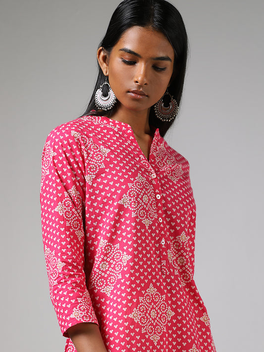 Utsa Bright Pink Bandhani Straight Kurta