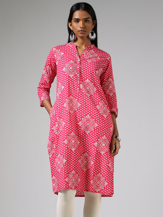 Utsa Bright Pink Bandhani Straight Kurta