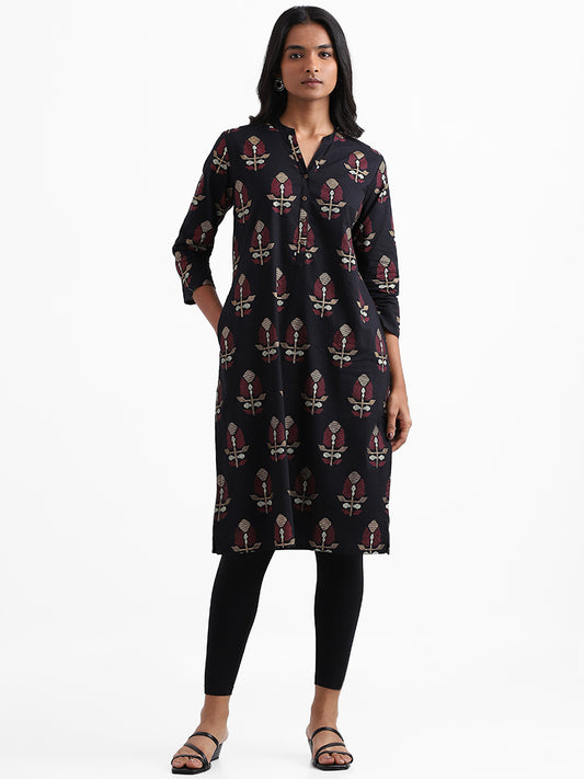 Utsa Jamdani Floral Buta Printed Black Kurta