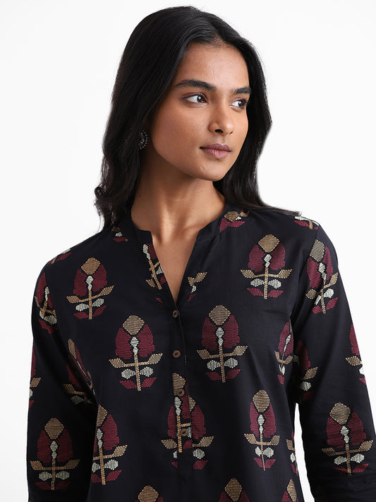 Utsa Jamdani Floral Buta Printed Black Kurta