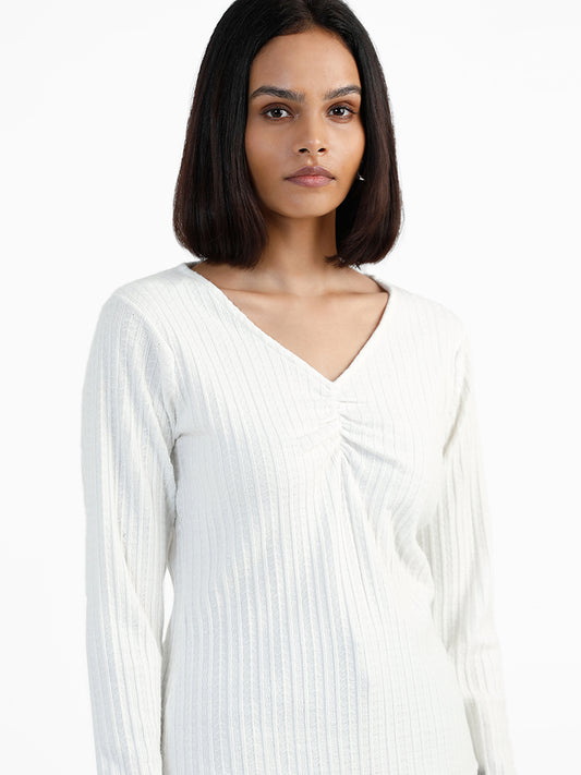 LOV Weaved V Neck White Sweater