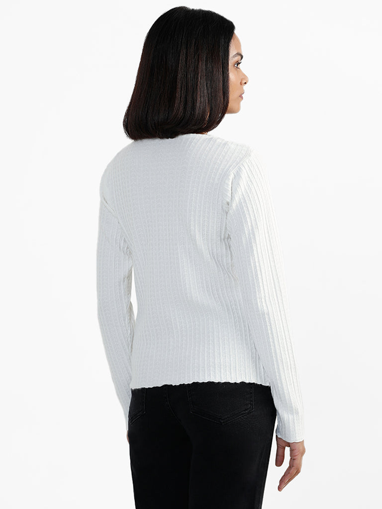 LOV Weaved V Neck White Sweater