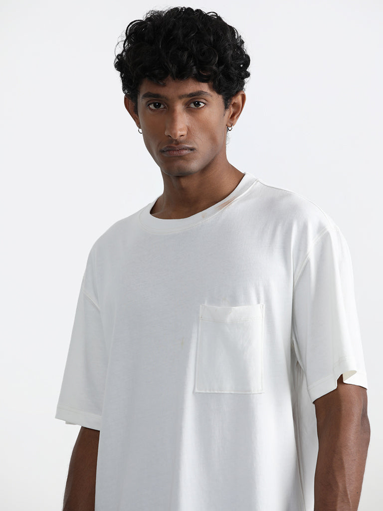 Nuon Solid Off-White Cotton Relaxed Fit T-Shirt