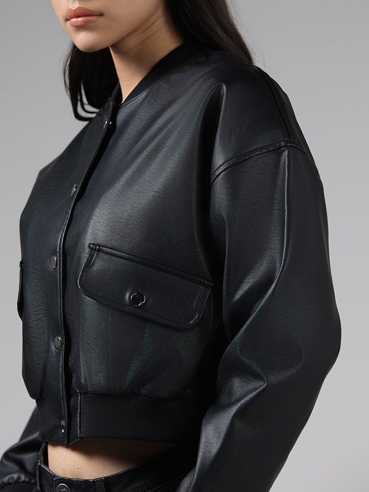 Nuon Solid Black Crop Leather Jacket