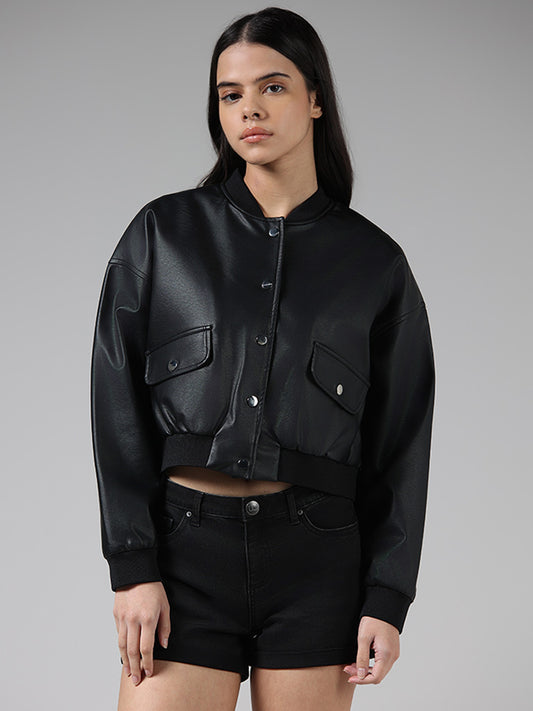 Nuon Solid Black Crop Leather Jacket