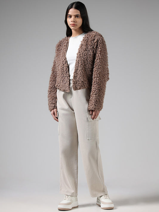 Nuon Brown Plush Fur Crop Cardigan