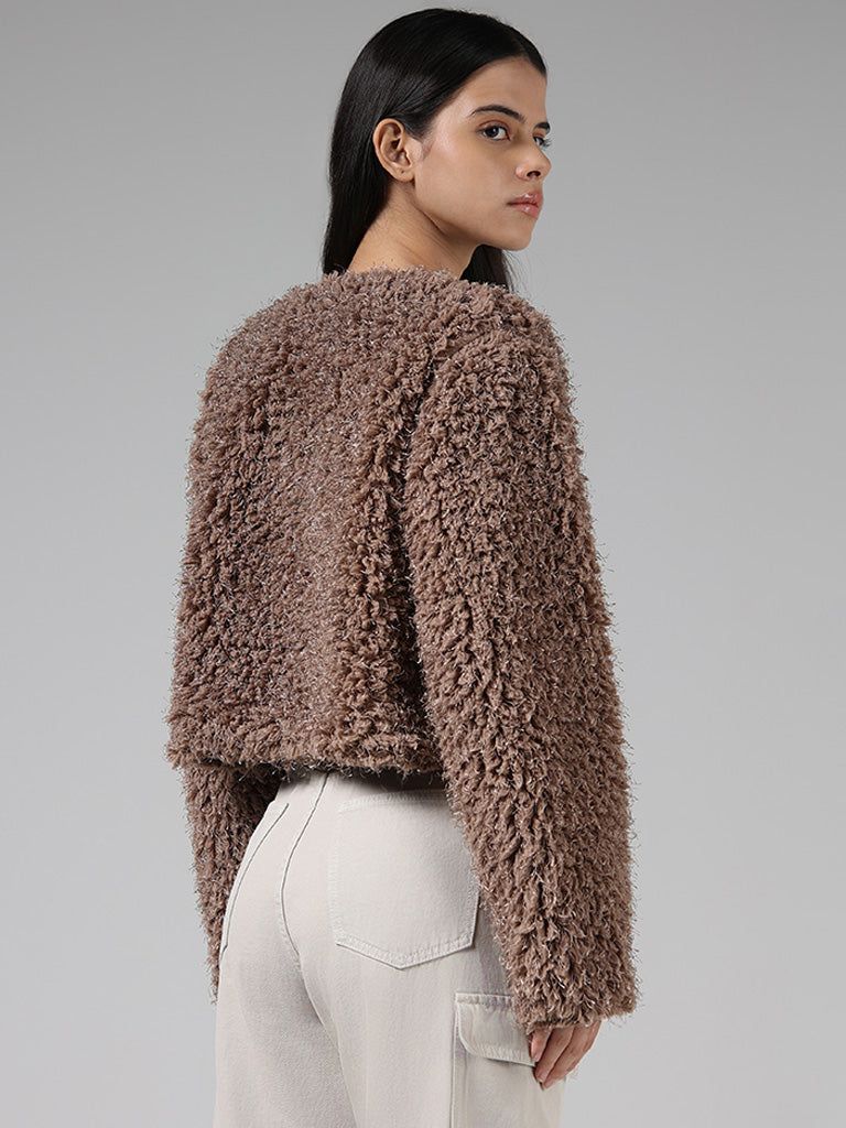 Nuon Brown Plush Fur Crop Cardigan