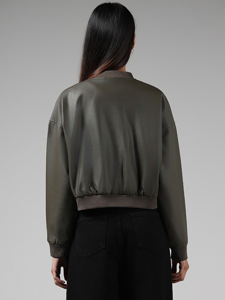 Nuon Solid Olive Leather Jacket