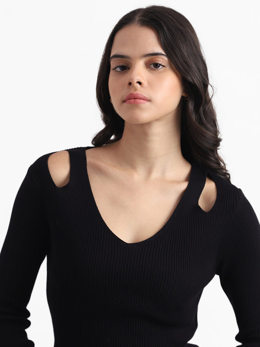 Nuon Black Ribbed Slim Fit Cut-Out Top