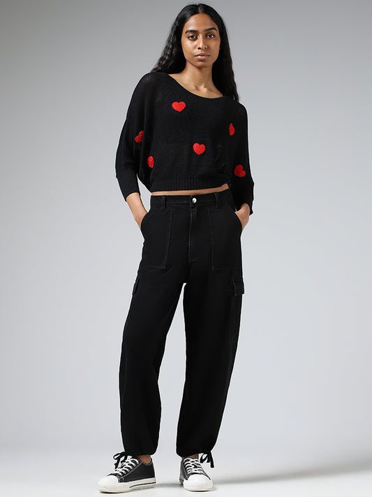 Nuon Black Heart Embroidered High Low Top