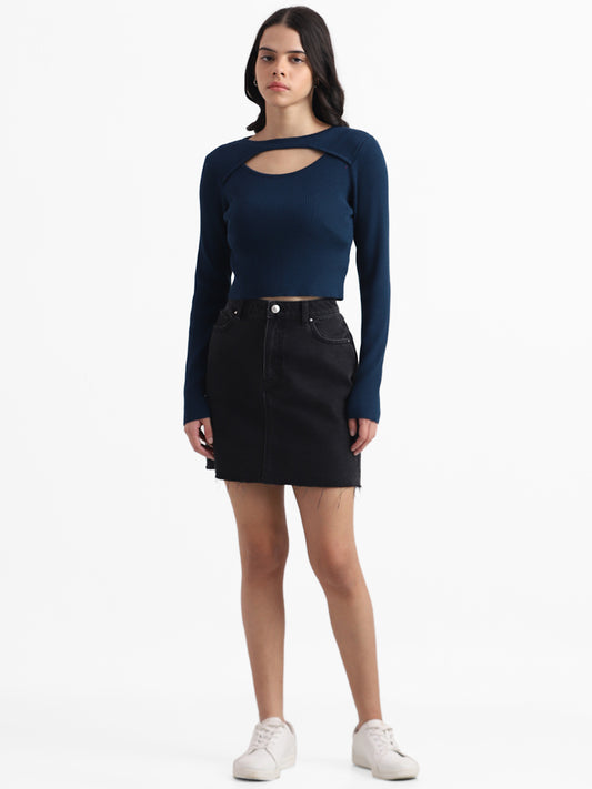 Nuon Solid Dark Blue Cut-Out Neck Top