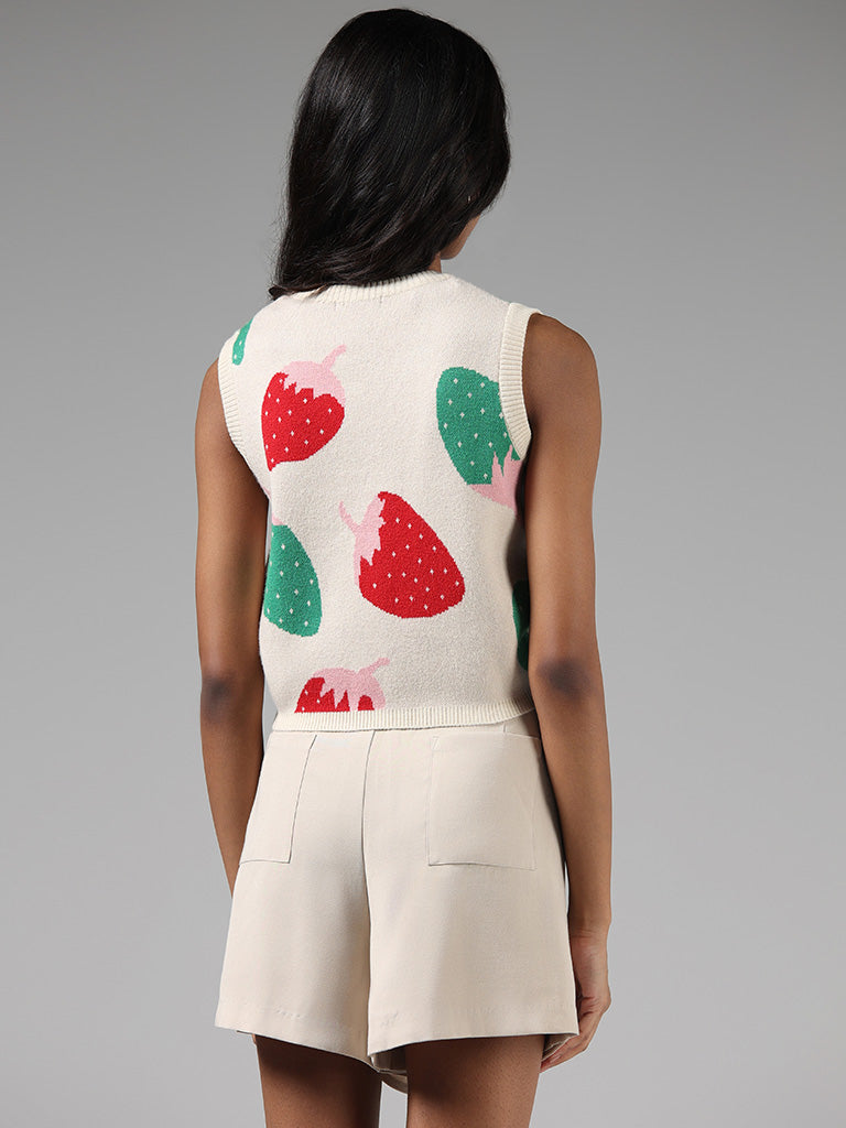 Nuon Fruit Pattern Off White Crop Sweater Vest