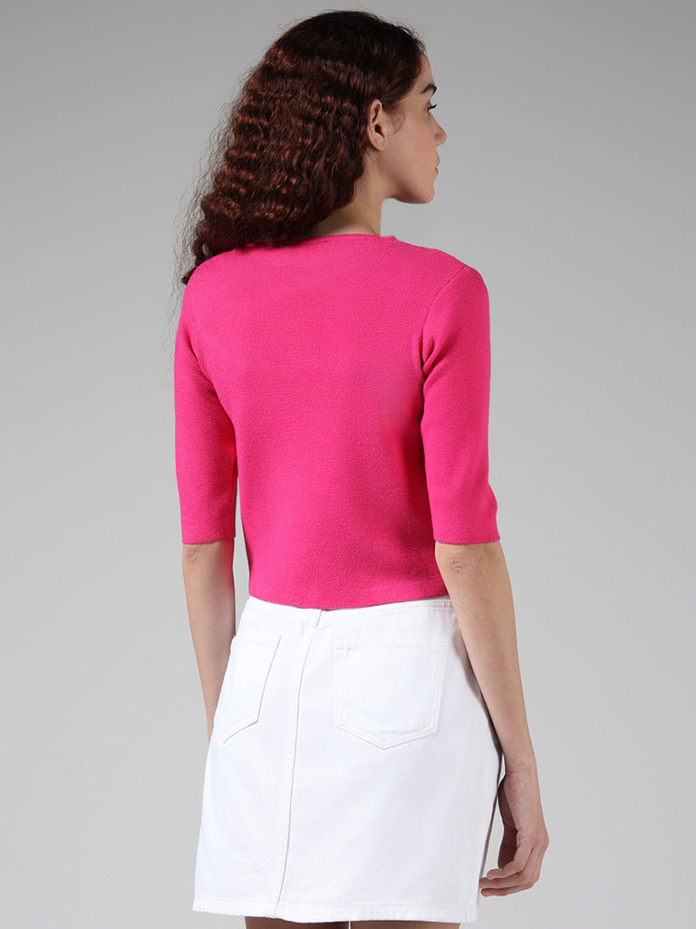 Nuon Solid Pink Neck Cut-Out Knit Top