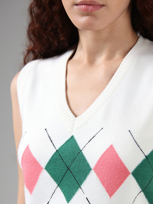 Nuon White Printed Crop Sweater Vest