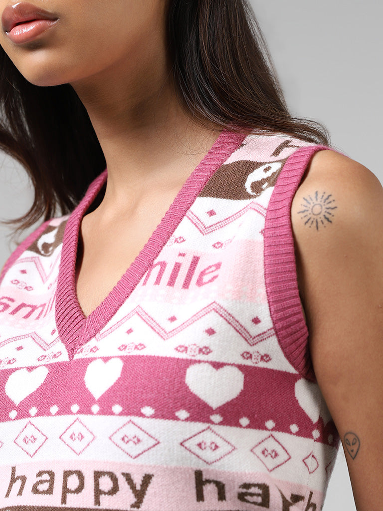 Nuon Pink Typographic Printed Sleeveless Crop Sweater